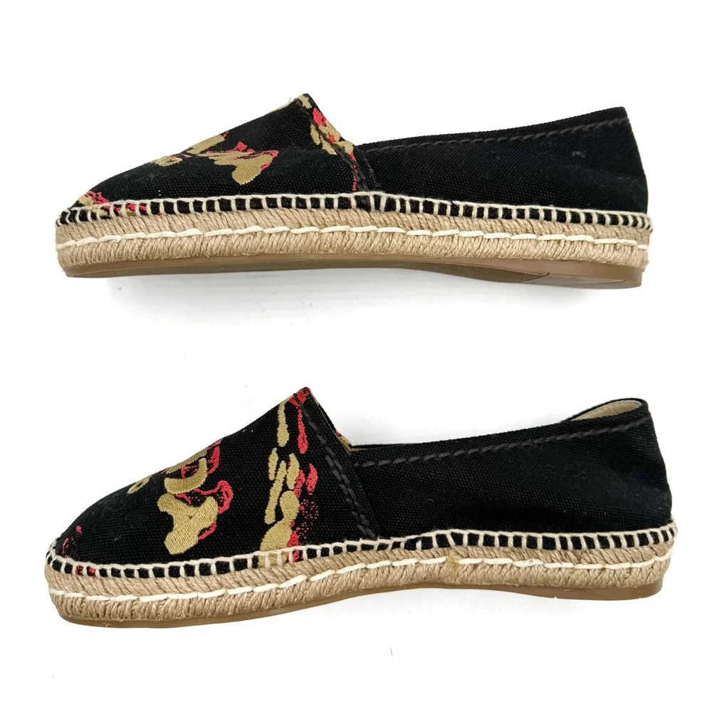 Prada Logo Espadrilles Black Canvas Gold Red Embroidered Flats Sz 36 / 6